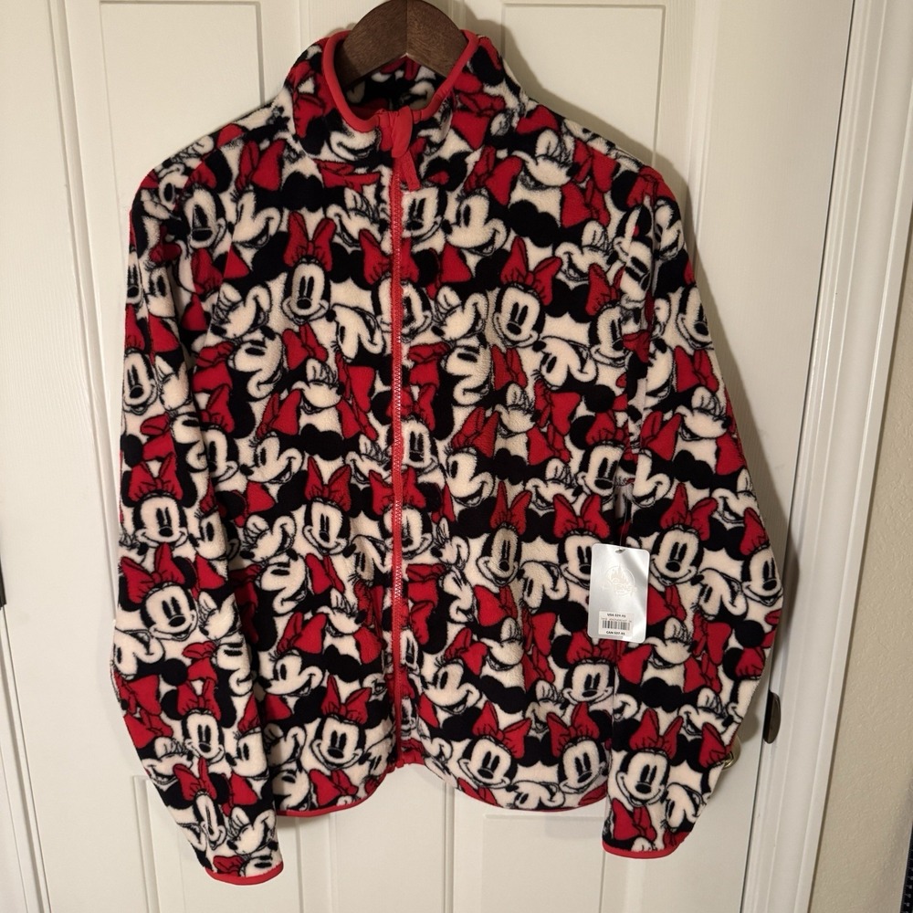 Disney Store Minnie Mouse Red White Black Full Zip Soft Fleece Jacket Medium NWT